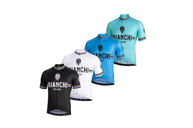 Maillots de cyclisme rétro Bianchi Milano dans les styles noir, blanc et bleu