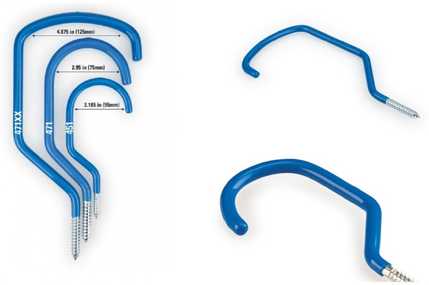 Les crochets génériques peuvent être achetés à bas prix dans les quincailleries, mais Park Tools propose ces crochets verticaux dans une gamme de tailles qui conviendront même aux gros vélos.