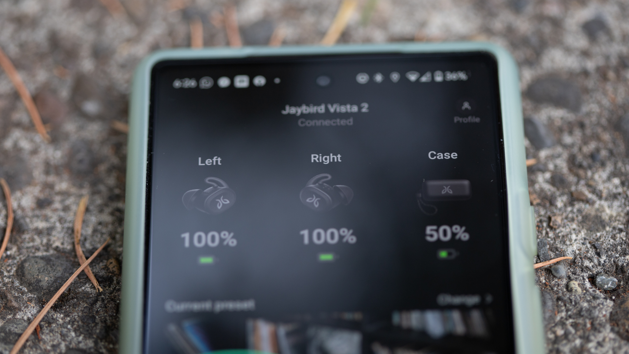 Application Jaybird Vista 2 indiquant l'état de charge
