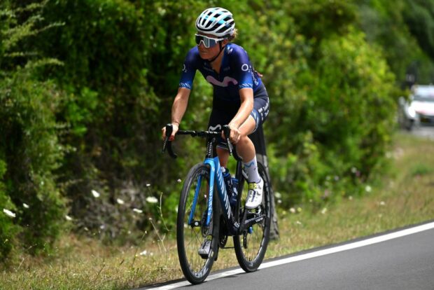 Floortje Mackaij (Movistar) goes on the attack on stage 8 at Sassari at the Giro Donne