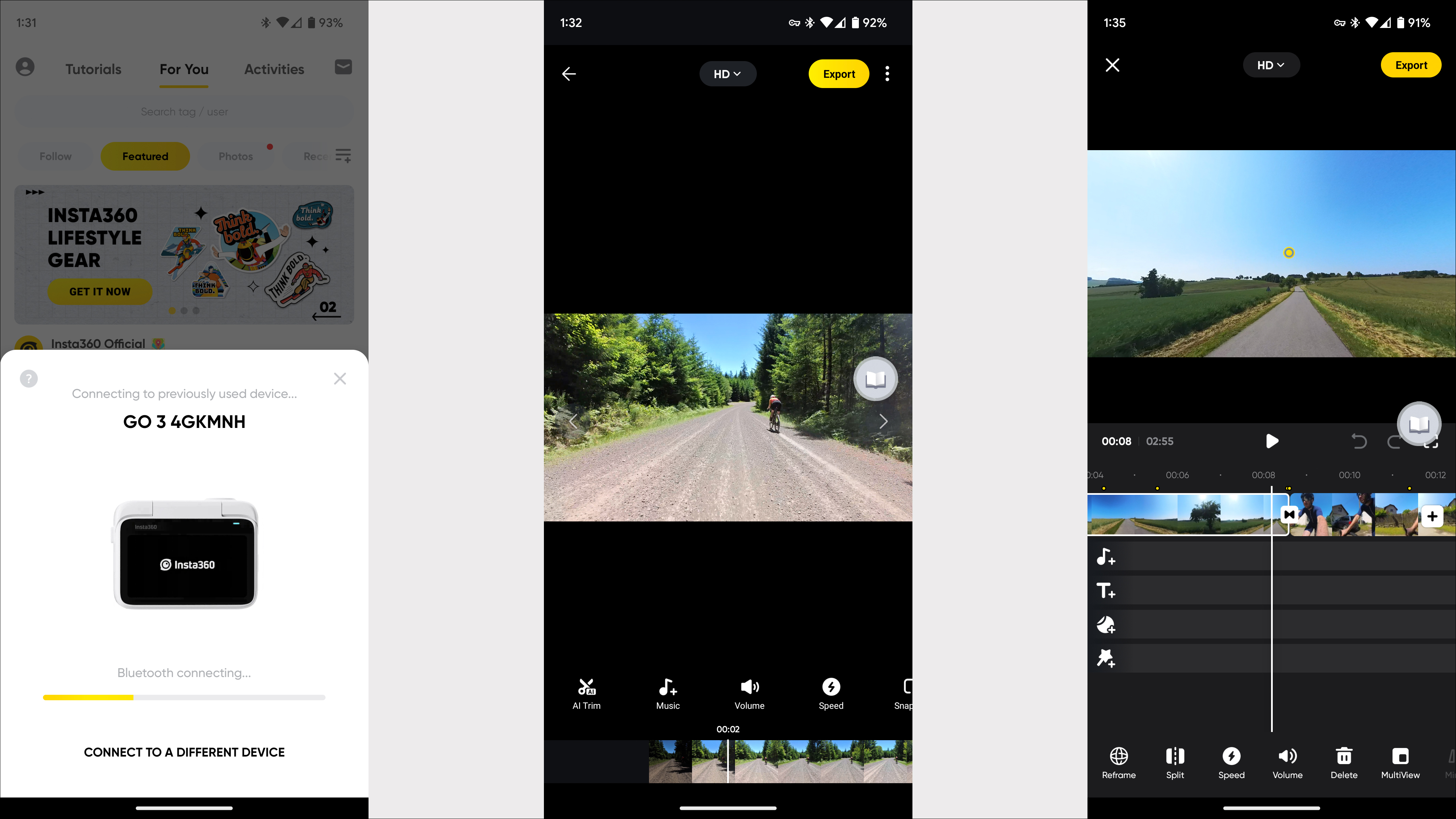 Écrans de l'application Insta360 Go 3