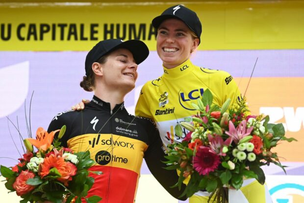 Demi Vollering and Lotte Kopecky celebrate going 1-2 overall at the Tour de France Femmes