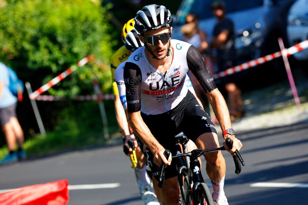 SAINTGERVAIS MONTBLANC FRANCE JULY 16 Adam Yates of United Kingdom and UAE Team Emirates competes during the stage fifteen of the 110th Tour de France 2023 a 179km stage from Les Gets les Portes du Soleil to SaintGervais MontBlanc 1379m UCIWT on July 16 2023 in SaintGervais MontBlanc France Photo by Etienne Garnier PoolGetty Images