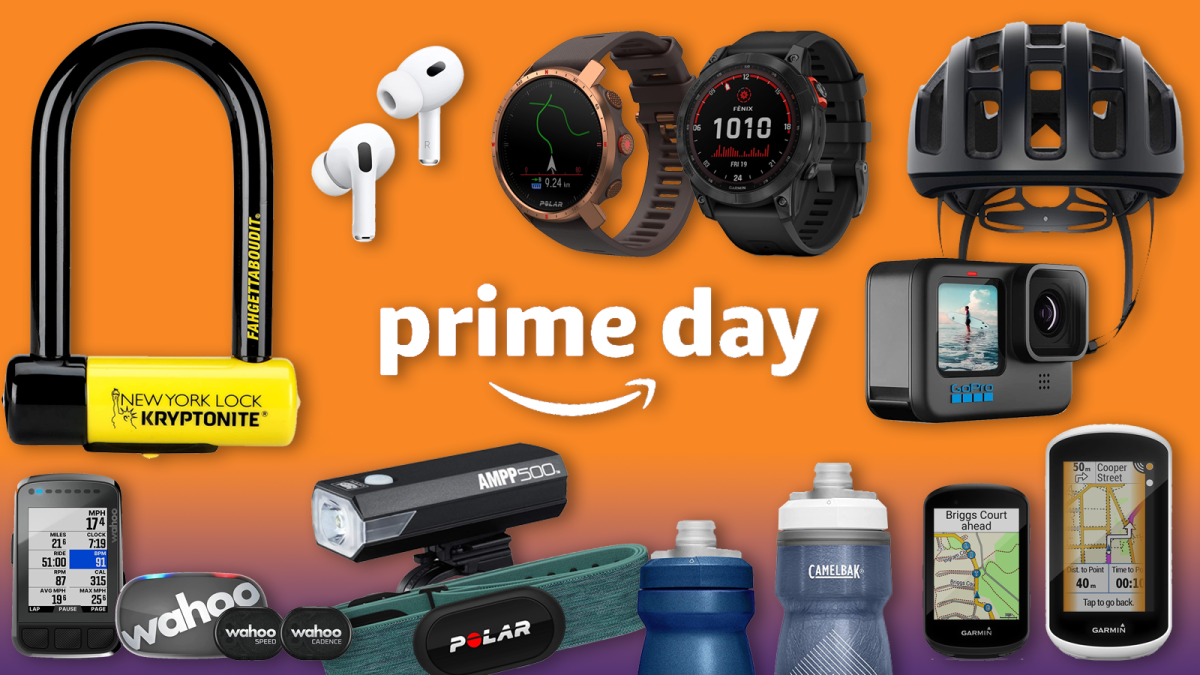 A collection of Amazon Prime Day cycling deals on a purple-orange background