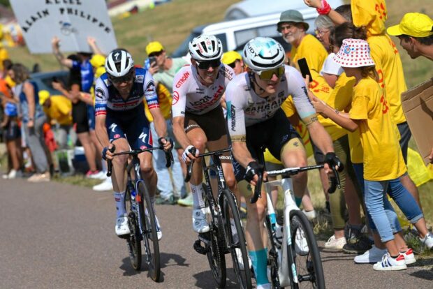 POLIGNY, FRANCE - JULY 21: (L-R) Kasper Asgreen of Denmark and Team Soudal - Quick Step, Ben O