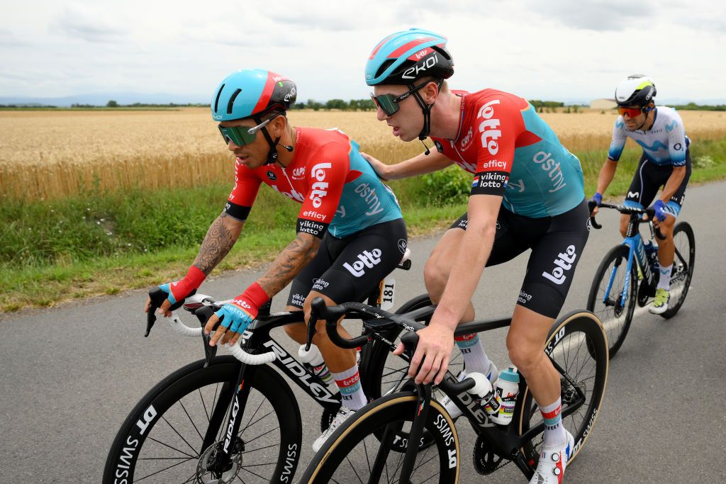MOULINS FRANCE JULY 12 LR Caleb Ewan of Australia and Pascal Eenkhoorn of The Netherlands and Team Lotto Dstny compete during the stage eleven of the 110th Tour de France 2023 a 1798km from ClermontFerrand to Moulins UCIWT on July 12 2023 in Moulins France Photo by David RamosGetty Images