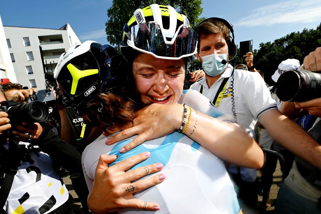 BLAGNAC FRANCE JULY 28 LR Sheyla Gutirrez of Spain and stage winner Emma Norsgaard of Denmark and Movistar Team react after the 2nd Tour de France Femmes 2023 Stage 6 a 1221km stage from Albi to Blagnac UCIWWT on July 28 2023 in Blagnac France Photo by Tim de WaeleGetty Images