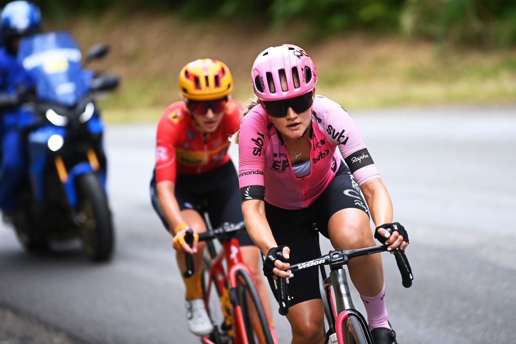 MAURIAC FRANCE JULY 24 LR Hannah Ludwig of Germany and Team UnoX Pro Cycling Team and Georgia Williams of New Zealand and Team EF EducationTIBCOSVB compete in the breakaway during the 2nd Tour de France Femmes 2023 Stage 2 a 1517km stage from ClermontFerrand to Mauriac UCIWWT on July 24 2023 in Mauriac France Photo by Tim de WaeleGetty Images