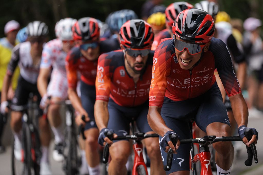 Egan Bernal pulls for his Ineos Grenadiers teammates on stage 6 of the Tour de France