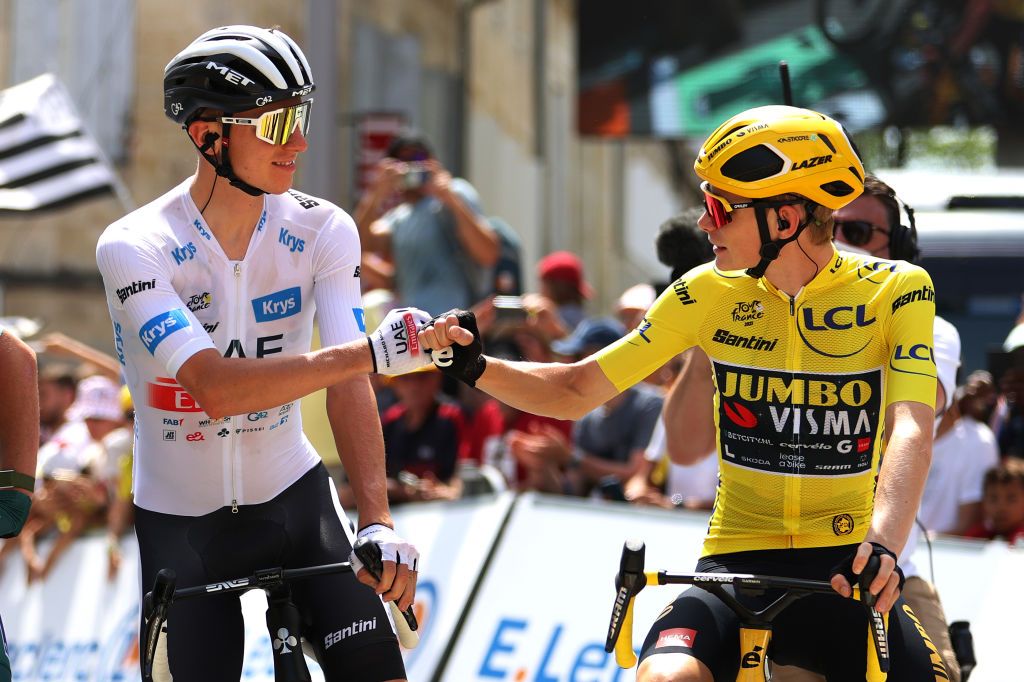 Tadej Pogacar (UAE Team Emirates) and Jonas Vingegaard (Jumbo-Visma) at the 2023 Tour de France