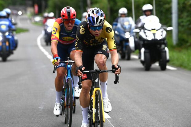 LARUNS FRANCE JULY 05 Wout Van Aert of Belgium and Team JumboVisma competes in the breakaway during the stage five of the 110th Tour de France 2023 a 1627km stage from Pau to Laruns UCIWT on July 05 2023 in Laruns France Photo by Tim de WaeleGetty Images