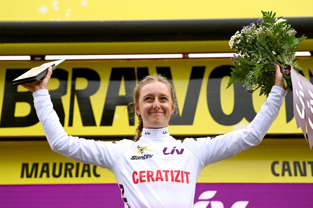 MAURIAC FRANCE JULY 24 Cédrine Kerbaol of France and Team CERATIZITWNT Pro Cycling celebrates at podium as White best young jersey winner during the 2nd Tour de France Femmes 2023 Stage 2 a 1517km stage from ClermontFerrand to Mauriac UCIWWT on July 24 2023 in Mauriac France Photo by Tim de WaeleGetty Images