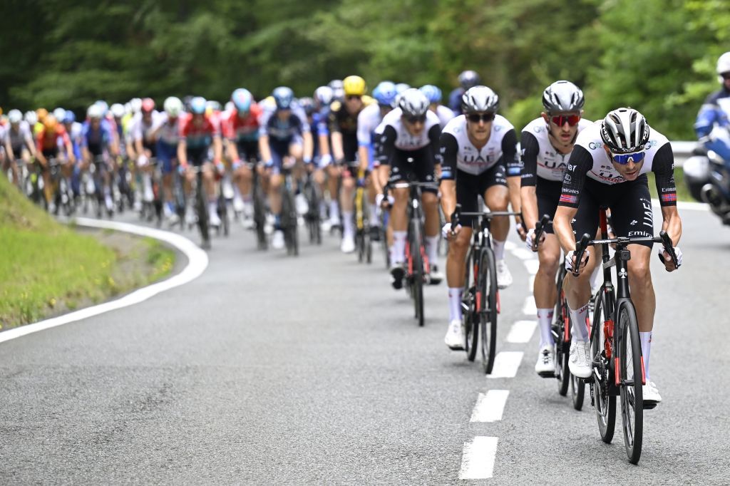 Norwegian Vegard Stake Laengen of UAE Team Emirates leads the pack during stage 2 of the Tour de France 2023