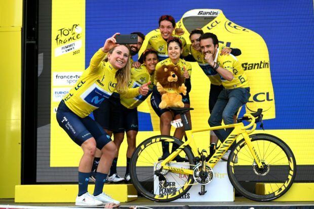 Tour de France Femmes: The Movistar team celebrate with 2022 winner Annemiek van Vleuten