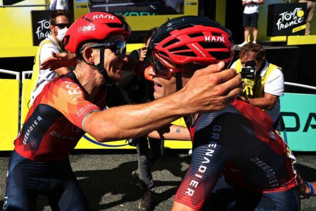 Stage winner Michal Kwiatkowski and Tom Pidcock (Ineos Grenadiers) celebrate after stage 13 at the Tour de France