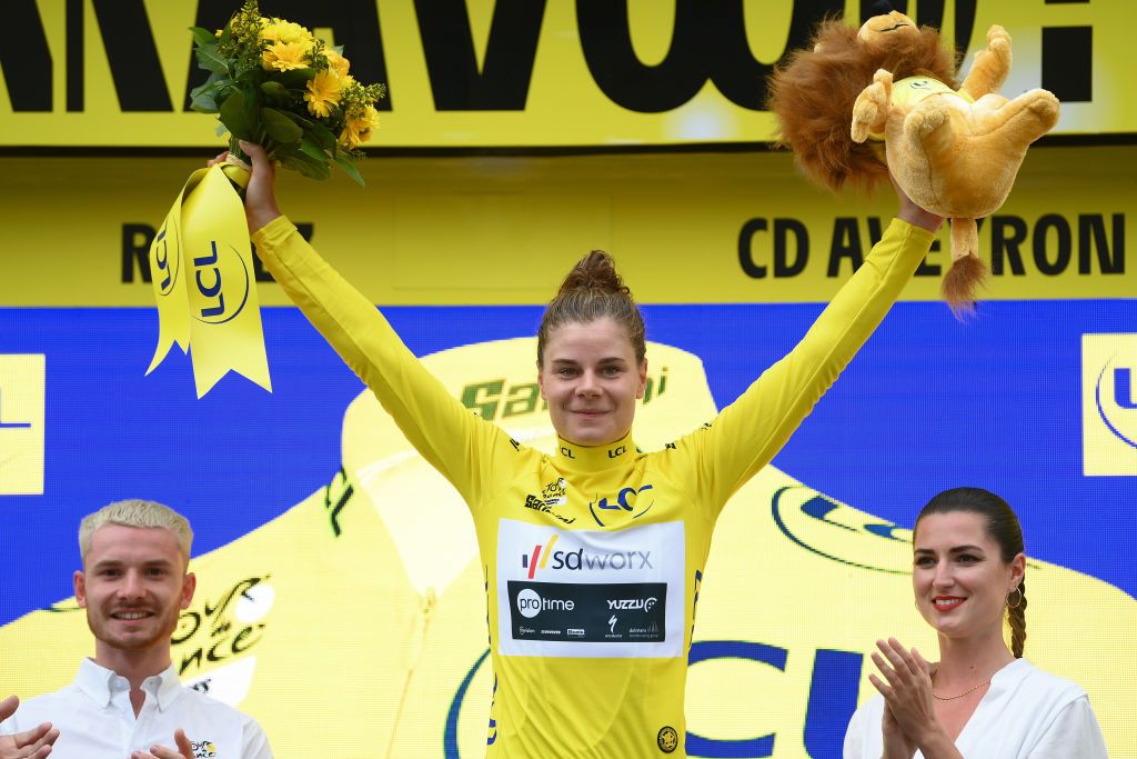 RODEZ FRANCE JULY 26 Lotte Kopecky of Belgium and Team SD Worx Protime Yellow Leader Jersey celebrates at podium during the 2nd Tour de France Femmes 2023 Stage 4 a 1771km stage from Cahors to Rodez 572m UCIWWT on July 26 2023 in Rodez France Photo by Alex BroadwayGetty Images