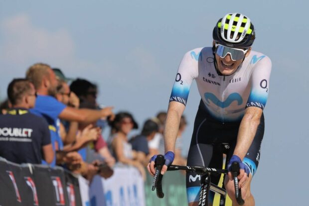 A spent Matteo Jorgenson (Movistar) crosses the finish line atop Puy de Dôme