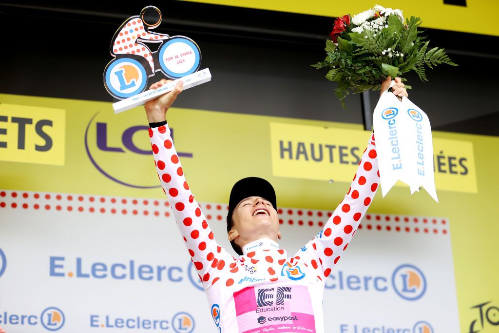 Tour de France 2023: Neilson Powless of the United States and Team EF Education-EasyPost celebrates at podium as Polka Dot Mountain Jersey during the stage six