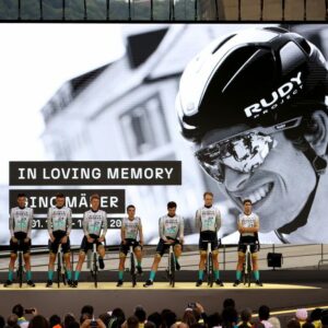The Bahrain Victorious squad during the 2023 Tour de France teams presentation