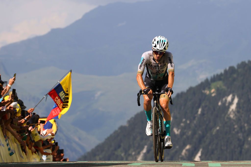Pello Bilbao (Bahrain Victorious) races to the finish of stage 17 of the Tour de France in Courchevel