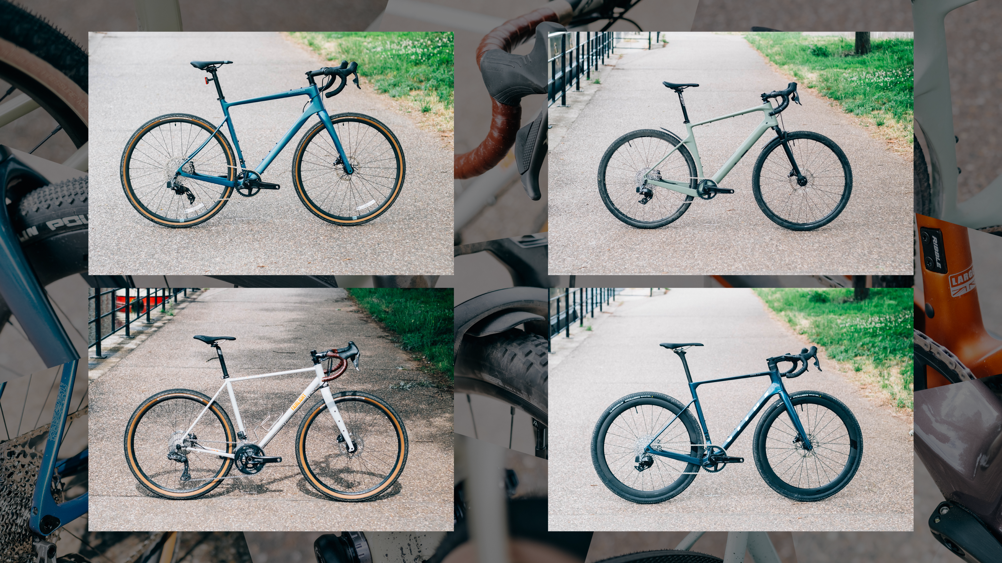 Images de quatre vélos de gravier gagnants mis en évidence dans une image de collage sur divers autres plans rapprochés de vélo de gravier