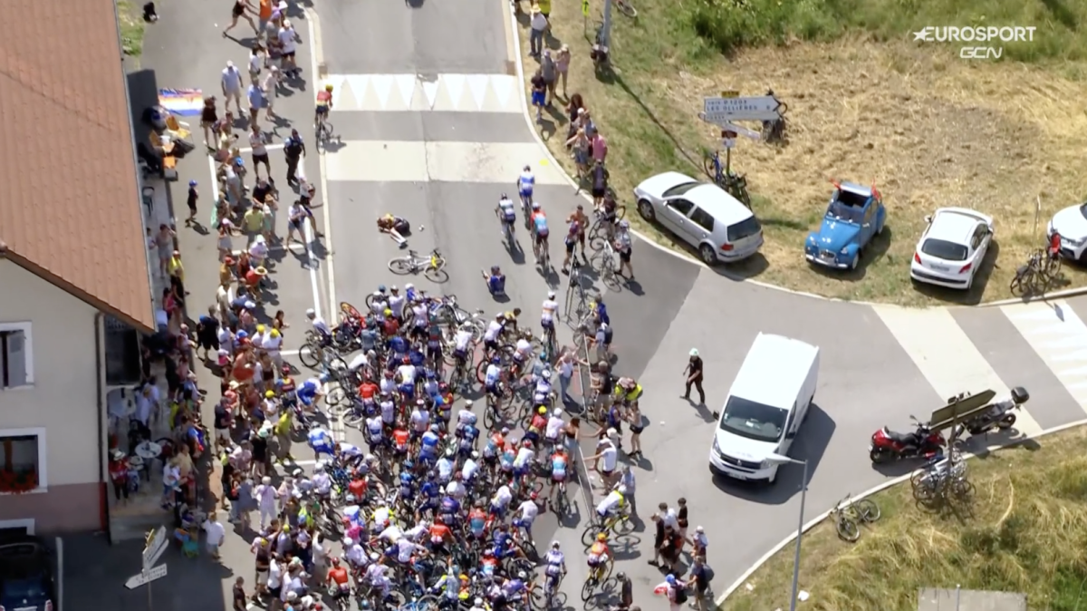 Multiple riders fall during the mass crash on stage 15 of the Tour de France
