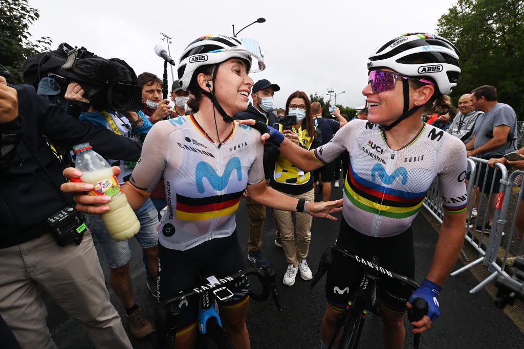 Tour de France Femmes 2023: Liane Lippert is congratulated by teammate Annemiek van Vleuten after winning stage 2