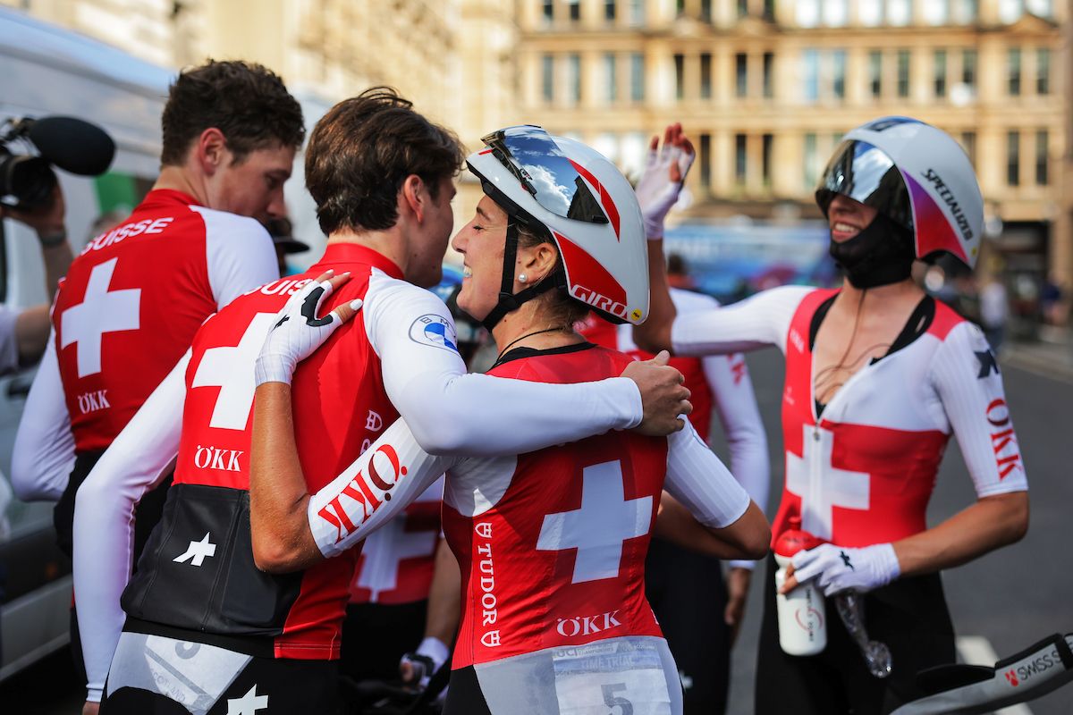 Switzerland celebrate winning the mixed relay team time trial at the 2023 UCI Road World Championships