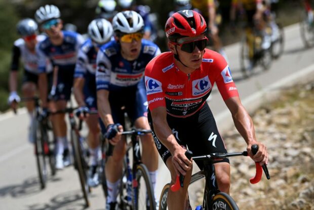 BURRIANA SPAIN AUGUST 30 Remco Evenepoel of Belgium and Team Soudal Quick Step Red Leader Jersey competes during the 78th Tour of Spain 2023 Stage 5 a 1846km stage from Burriana to Burriana UCIWT on August 30 2023 in Morella Spain Photo by Tim de WaeleGetty Images