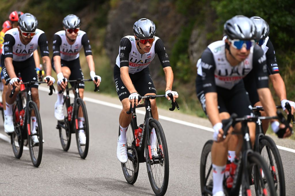 TARRAGONA SPAIN AUGUST 29 Juan Ayuso of Spain and UAE Team Emirates competes during the 78th Tour of Spain 2023 Stage 4 a 1846km stage from Andorra la Vella to Tarragona UCIWT on August 29 2023 in Tarragona Spain Photo by Tim de WaeleGetty Images