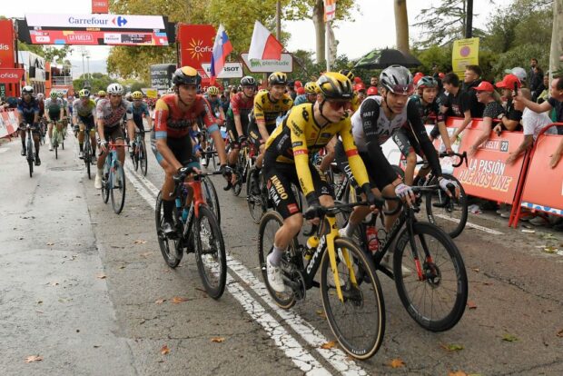 GC contenders including Jonas Vingegaard (Jumbo-Visma) sat up at the start of the neutralized section to safely finish the stage