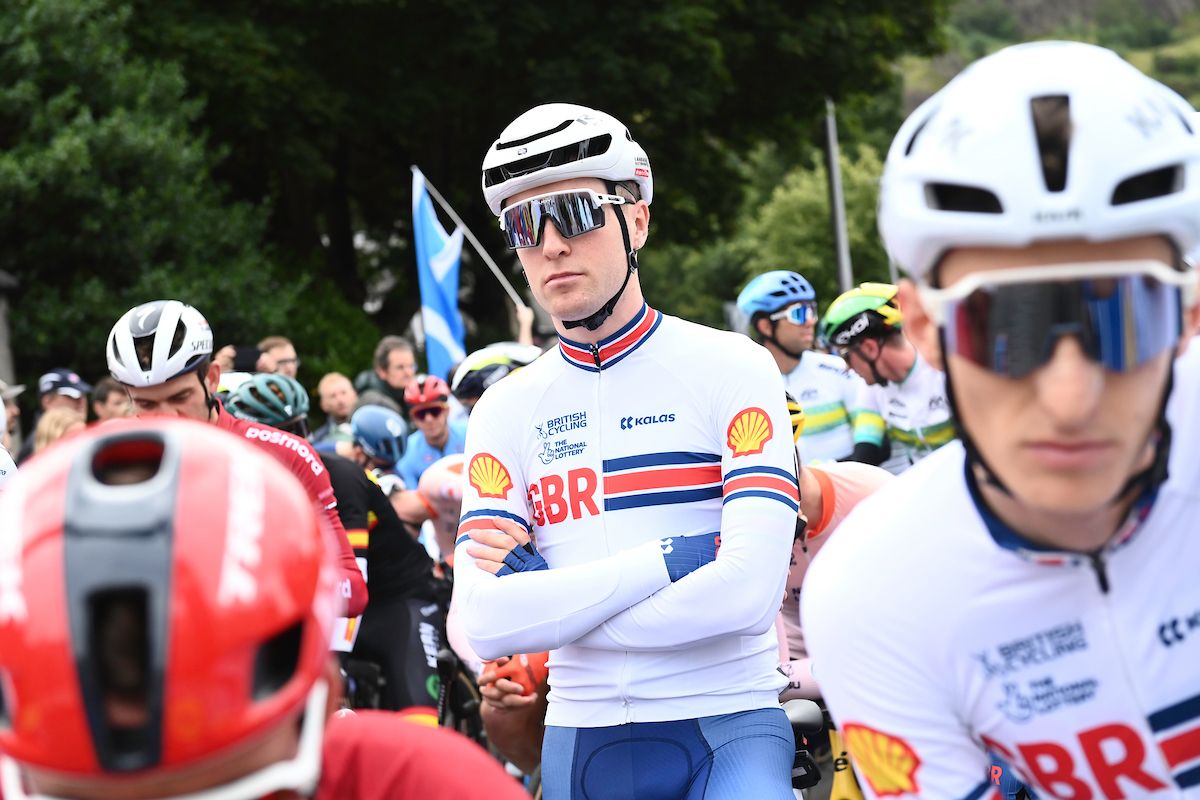 Fred Wright (Great Britain) during the race stoppage at the 2023 UCI Road World Championships elite men