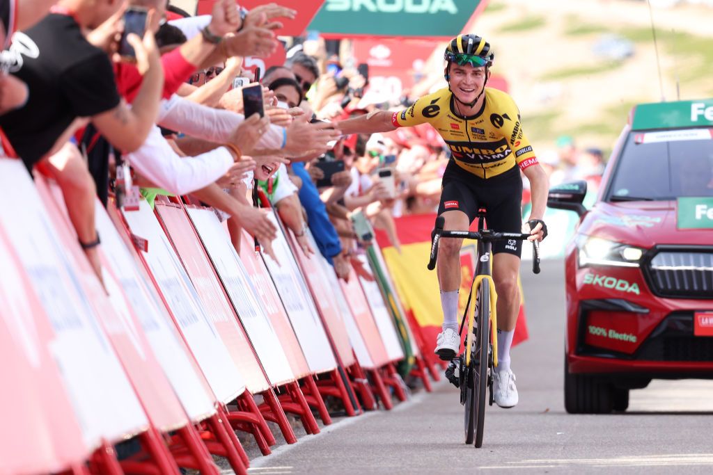 Vuelta a España: Sepp Kuss of Jumbo-Visma celebrates with fans at finish line as stage 6 winner