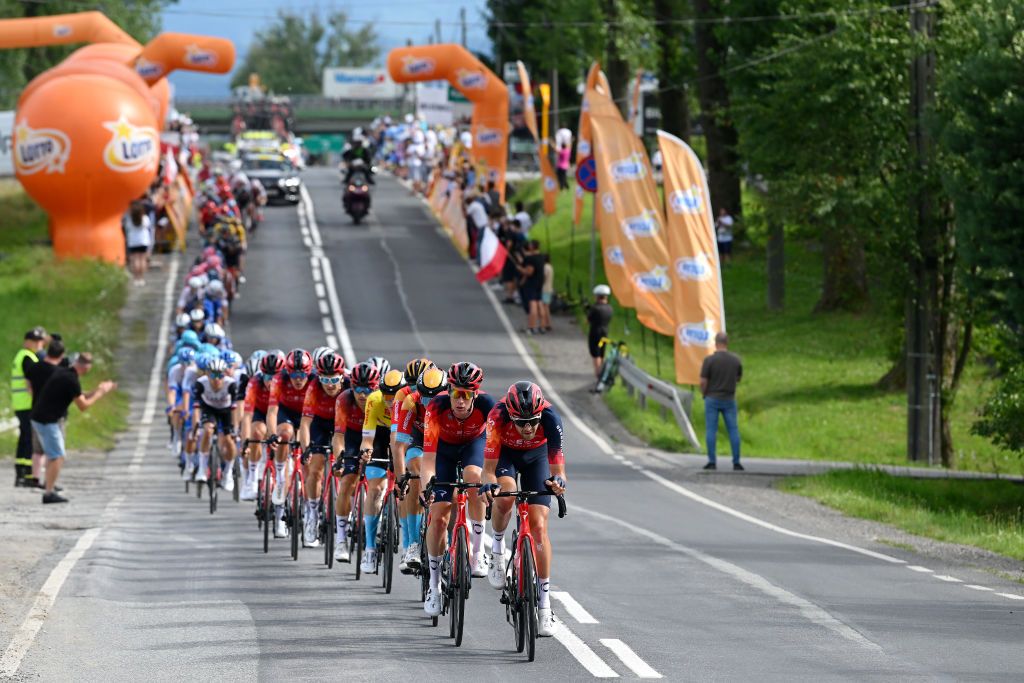 BIELSKOBIALA POLAND AUGUST 02 A general view of Thymen Arensman of The Netherlands and Laurens De Plus of Belgium and Team INEOS Grenadiers and a general view of the peloton competing during the 80th Tour de Pologne 2023 Stage 5 a 1988km stage from Pszczyna to BielskoBiala 430m UCIWT on August 02 2023 in BielskoBiala Poland Photo by Dario BelingheriGetty Images