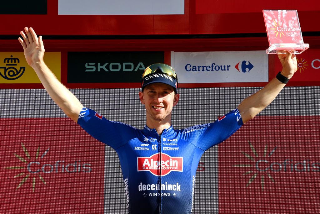 Vuelta a Espana: Kaden Groves of Australia and Team Alpecin-Deceuninck celebrates at podium as stage 4 winner