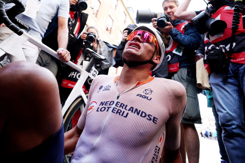 Mathieu van der Poel overcome by emotion shortly after winning the 2023 UCI Road World Championships in Glasgow