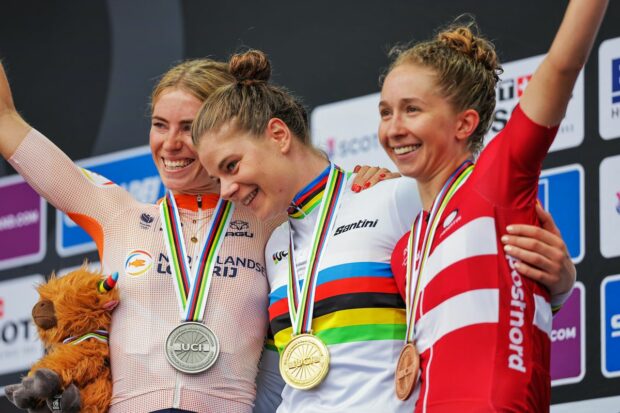 Women’s podium (l-r): silver medalist Demi Vollering (Netherlands), gold medalist Lotte Kopecky (Belgium) and bronze medalist Cecilie Uttrup Ludwig (Denmark)