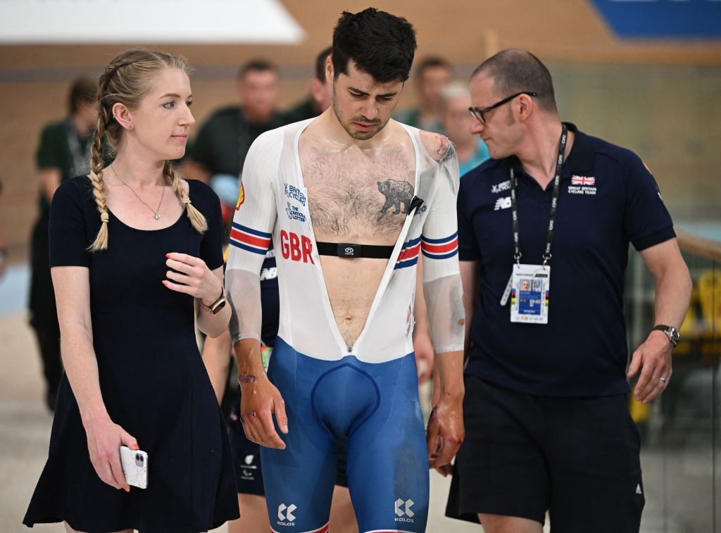 UCI Track World Championships: Charlie Tanfield walks from the track after his crash in the team pursuit qualifying