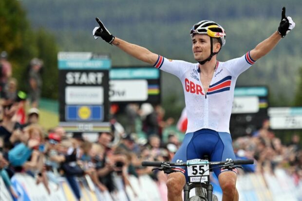Great Britain’s Thomas Pidcock celebrates winning the men’s elite cross-country Olympic mountain bike race