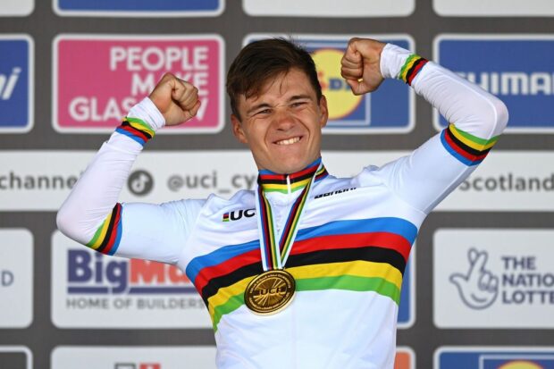 Remco Evenepoel in the rainbow jersey after winning the time trial at the Road World Championships 2023