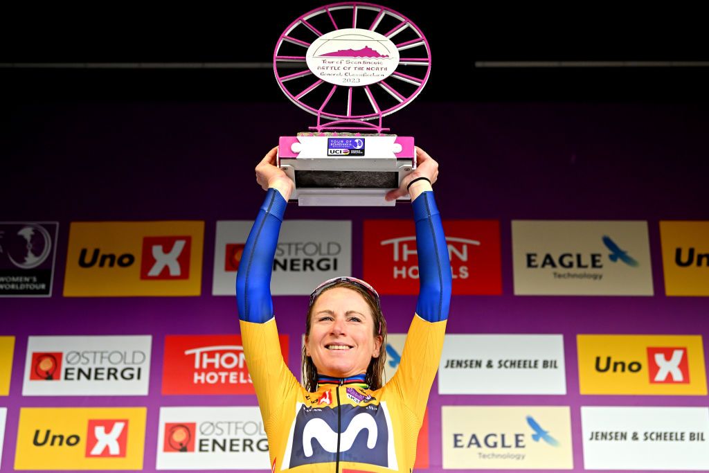 HADERSLEV DENMARK AUGUST 27 Annemiek Van Vleuten of The Netherlands and Movistar Team celebrates at podium as Yellow Leader Jersey winner during the 9th Tour of Scandinavia 2023 Battle Of The North Stage 5 a 1439km stage from Middelfart to Haderslev UCIWWT on August 27 2023 in Haderslev Denmark Photo by Luc ClaessenGetty Images
