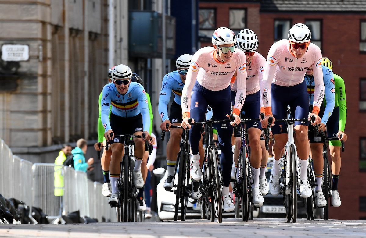 Mathieu van der Poel (R) pre-riding the 2023 UCI Road World Championships route in Glasgow, Scotland on Friday, August 4