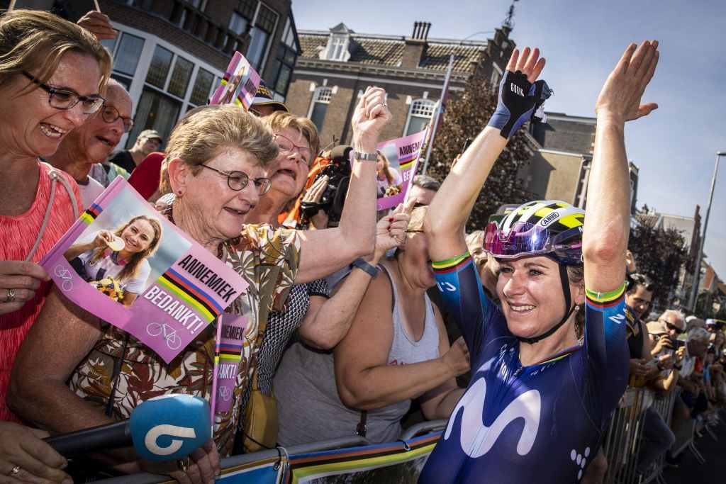 Annemiek van Vleuten (Movistar) celebrates with fans after the final race day of her career at the Simac Ladies Tour