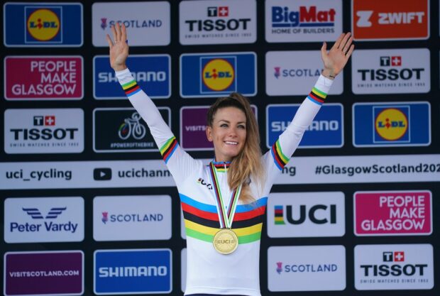 Picture by Thomas Maheux/SWpix.com - 12/08/2023 - 2023 UCI Cycling World Championships - MTB Cross Country - Glentress Forest, Peebles, Scotland - Elite Women Cross-country Olympic - Podium - Gold; Pauline Ferrand Prevot, France,