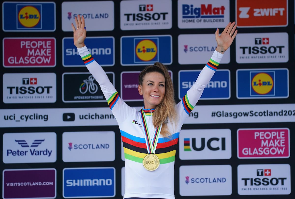 Picture by Thomas Maheux/SWpix.com - 12/08/2023 - 2023 UCI Cycling World Championships - MTB Cross Country - Glentress Forest, Peebles, Scotland - Elite Women Cross-country Olympic - Podium - Gold; Pauline Ferrand Prevot, France,