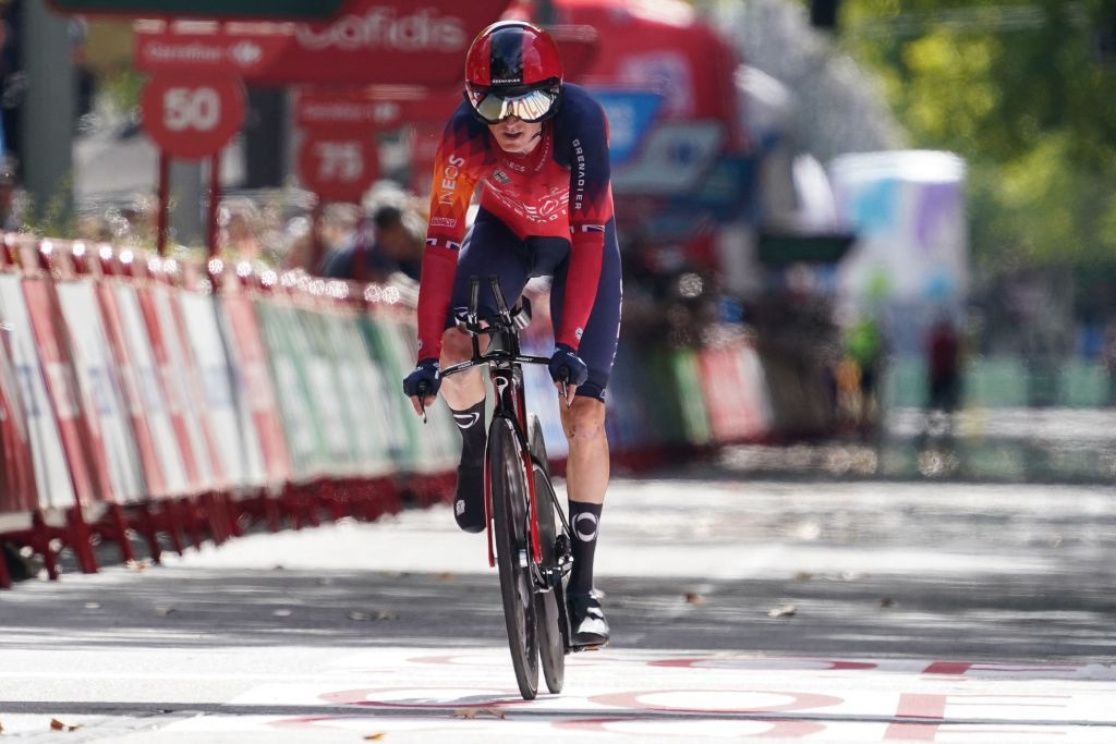 Geraint Thomas (Ineos Grenadiers) crosses the finish line on stage 10 of the 2023 Vuelta a España following a mid-stage mechanical issue