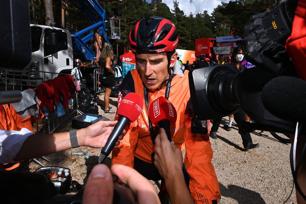 Geraint Thomas speaks to the press after stage 11 at the Vuelta a Espana