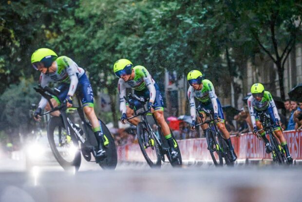 Intermarché-Circus-Wanty riders in action during the opening stage of the 2023 Vuelta a España