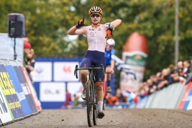 Dutch Lauren Molengraaf celebrates as she crosses the finish line to win the junior women race at the European Championships cyclocross cycling in Namur on November 5 2022 Belgium OUT Photo by DAVID PINTENS various sources AFP Belgium OUT Photo by DAVID PINTENSBelgaAFP via Getty Images