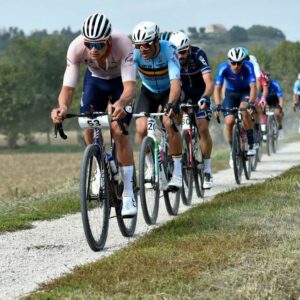 Dutch rider Mathieu Van Der Poel rides ahead of Belgian rider Greg Van Avermaet during the first edition of the UCI Gravel World Championships 2022 between Vicenza and Cittadella northern Italy on October 9 2022 Photo by Massimo Fulgenzi AFP Photo by MASSIMO FULGENZIAFP via Getty Images